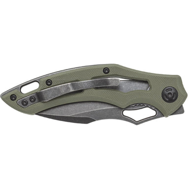 Fox Knives Sparrow Folding Pocket Knife closed in OD green with stonewashed metal and pocket clip