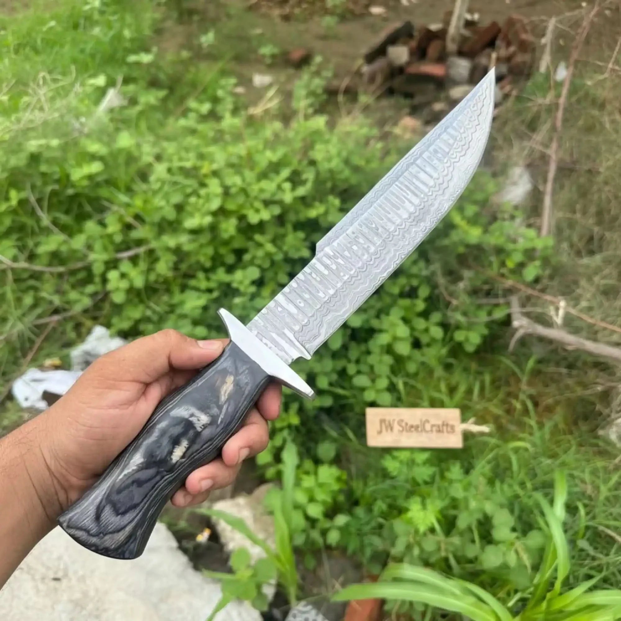 JW SteelCrafts | Handmade Damascus Recurve | Clip Point Bowie Knife 10”