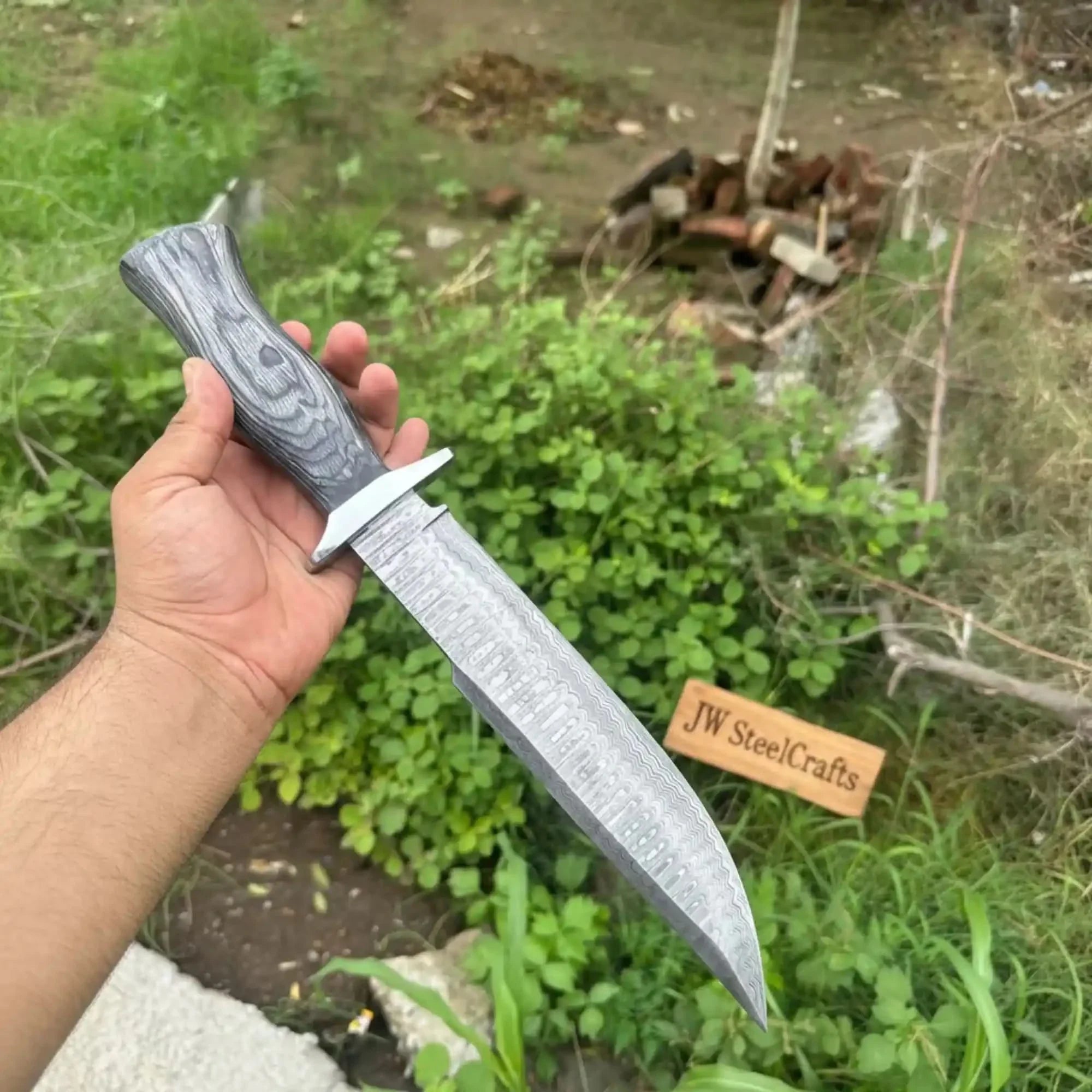 JW SteelCrafts | Handmade Damascus Recurve | Clip Point Bowie Knife 10”
