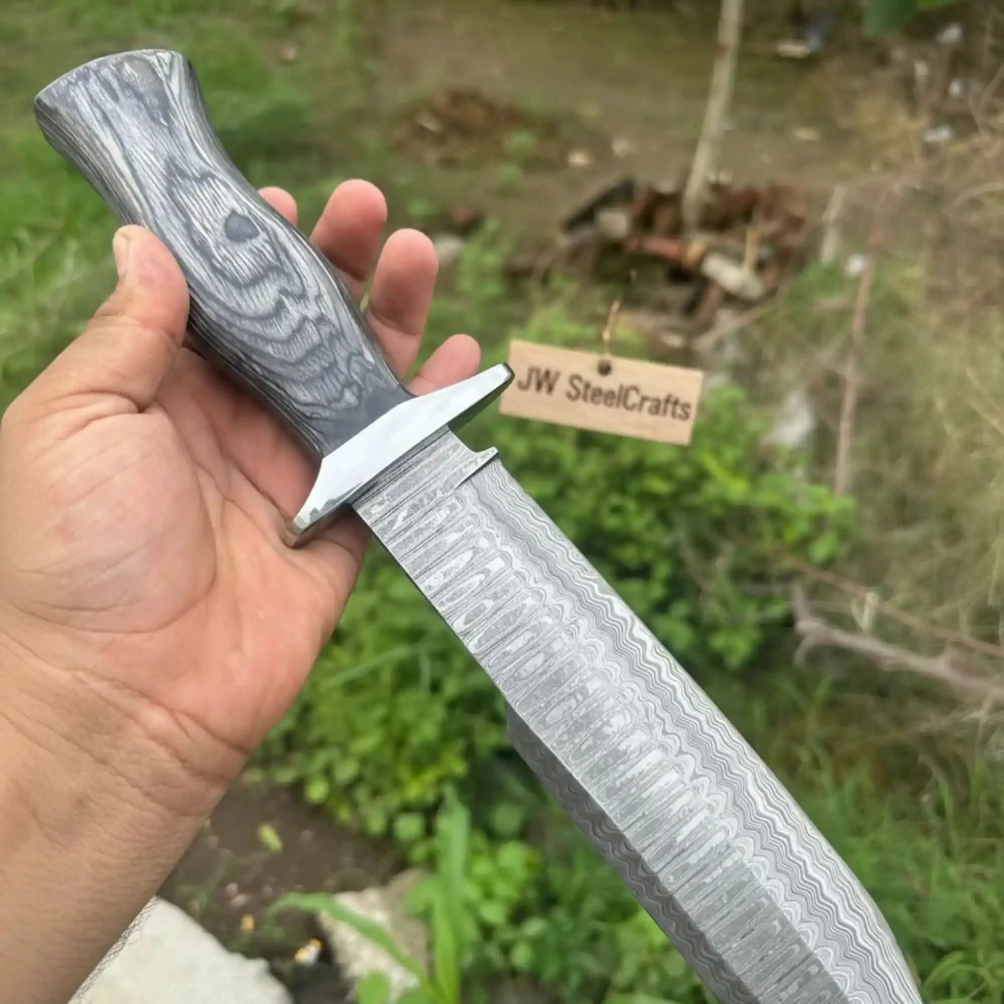 JW SteelCrafts | Handmade Damascus Recurve | Clip Point Bowie Knife 10”