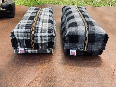 Plaid or Checkerboard black and grey interiors available for Off-Trayals Leather Shaving Kit Overnight bag handmade in Black small 