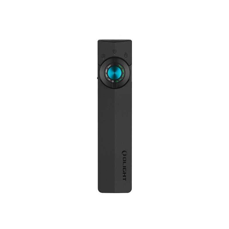 Olight ArkPro multi-function flashlight on outdoor surface, featuring 1,500 lumens, UV light, and green laser pointer