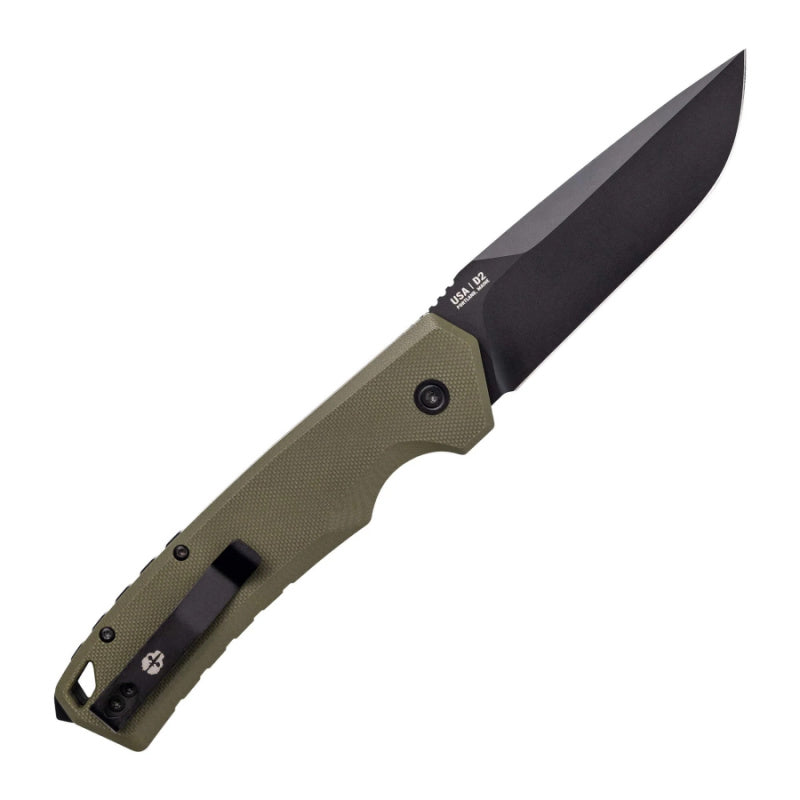 TEKTO A3 DELTA AUTOMATIC EDC KNIFE FULL SIZE G10 OD GREEN HANDLE WITH BLACK D2 TITANIUM COATED BLADE POCKET CLIP SIDE