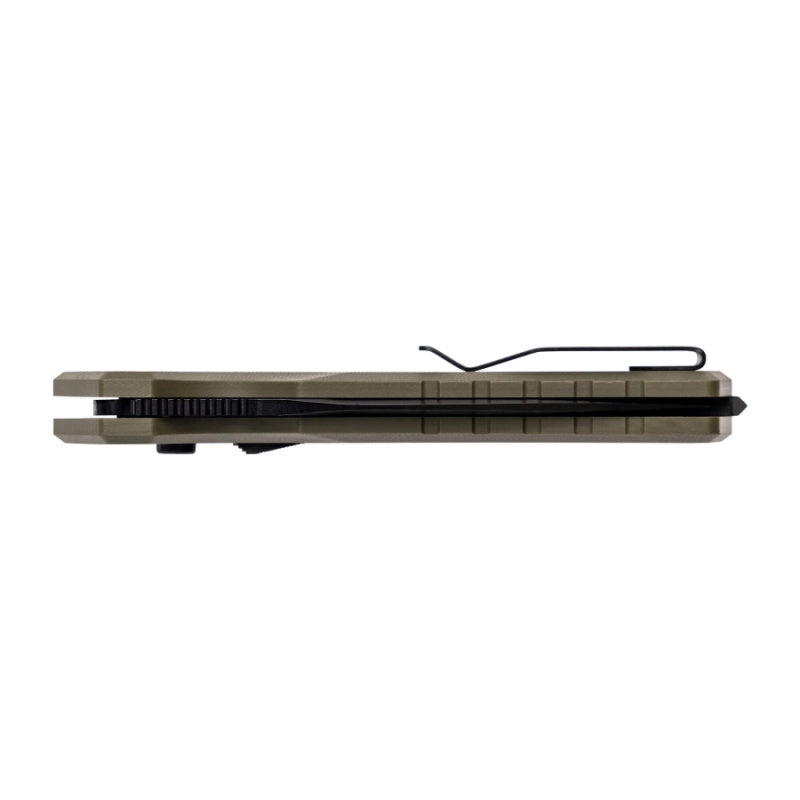 TEKTO A3 DELTA AUTOMATIC EDC KNIFE FULL SIZE G10 OD GREEN HANDLE WITH BLACK D2 TITANIUM COATED BLADE LAYING FLAT