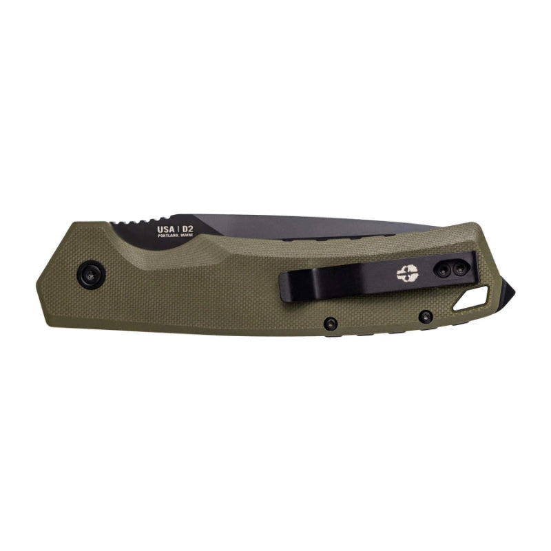 TEKTO A3 DELTA AUTOMATIC EDC KNIFE FULL SIZE G10 OD GREEN HANDLE WITH BLACK D2 TITANIUM COATED BLADE BACK FOLDED
