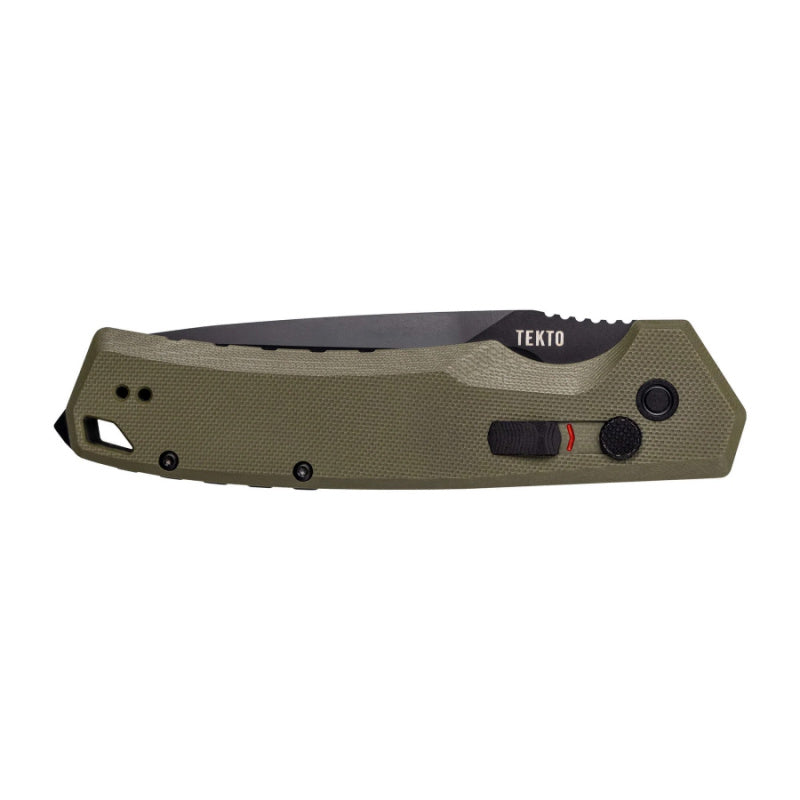 TEKTO A3 DELTA AUTOMATIC EDC KNIFE FULL SIZE G10 OD GREEN HANDLE WITH BLACK D2 TITANIUM COATED BLADE CLOSED WITH SAFETY 