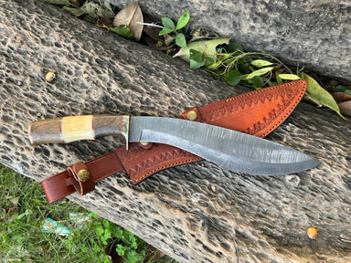 Venture Knives Kukri Damascus and bone with leather sheath