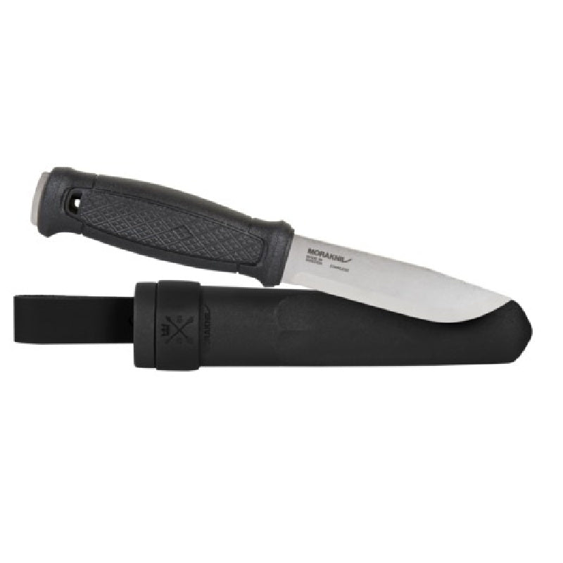 Morakniv Garberg S full tang carbon steel survival knife with Scandi grind and polymer sheath for bushcraft and outdoor adventures in black 