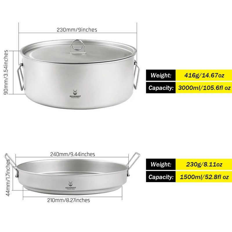 2-Piece Camping Cookware Set With Hanger | Large | Titanium dimensions